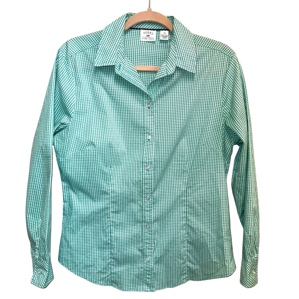 Riders by Lee Button Down Shirt Medium Green White‎ Gingham Check Western Casual